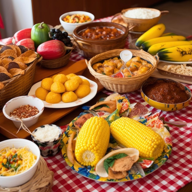 Nahaufnahme traditioneller brasilianischer Gerichte auf einem Tisch im Juni