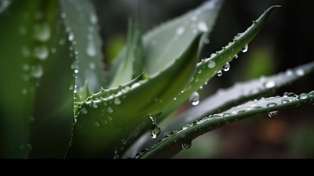 Nahaufnahme tropischer Aloe-Pflanzenblätter mit Regentropfen. Grüner natürlicher Hintergrund. Generative KI