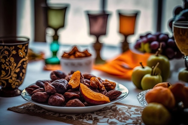 Nahaufnahme verschiedener Tische mit arabischem Essen während der Iftar-Mahlzeit auf Ramadan AI generiert