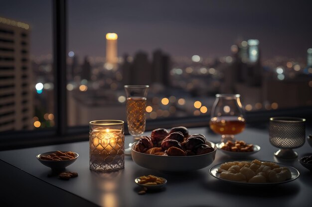 Nahaufnahme verschiedener Tische mit arabischem Essen während der Iftar-Mahlzeit auf Ramadan AI generiert