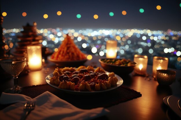 Nahaufnahme verschiedener Tische mit arabischem Essen während der Iftar-Mahlzeit auf Ramadan AI generiert