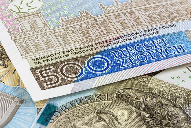 Nahaufnahme von 500 PLN-Banknoten