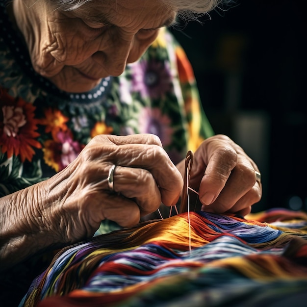 Nahaufnahme von älteren Frauenhänden, die Nadel und Faden verwenden, um eine Hose zu reparieren Selektiver Fokus Eine ältere alte Frau mit runzigen Händen repariert alte Kleidung