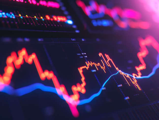 Nahaufnahme von Aktienmarktdaten auf einem digitalen Bildschirm mit Neonfarben, die ein Konzept der Finanzanalyse anzeigen Generative KI