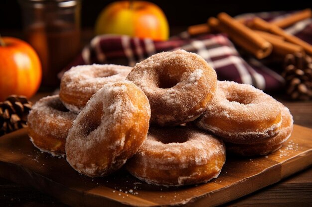 Nahaufnahme von Apfel-Cider-Donuts auf einem Holztisch Beste Apfelfotografie