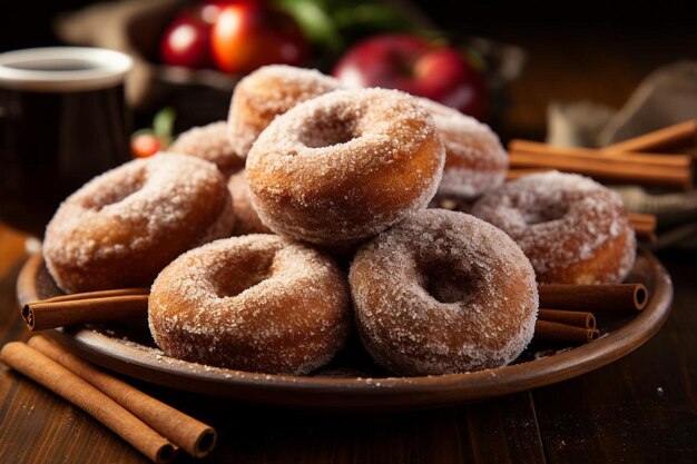 Nahaufnahme von Apfel-Cider-Donuts auf einem Holztisch Beste Apfelfotografie