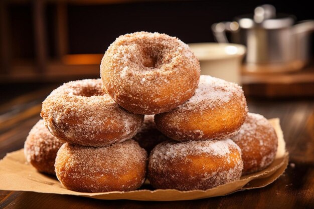 Nahaufnahme von Apfel-Cider-Donuts auf einem Holztisch Beste Apfelfotografie