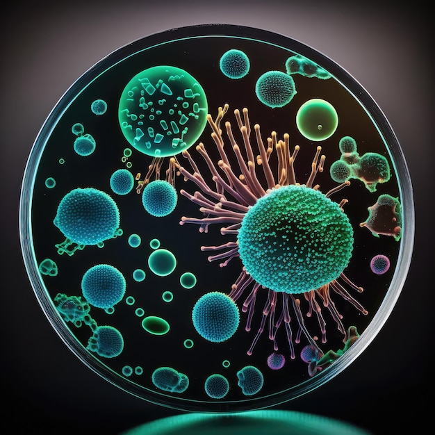 Nahaufnahme von Bakterien und Viruszellen in der Probenschale des Wissenschaftslabors für Serum