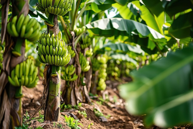 Nahaufnahme von Bananen auf Pflanzen in einer Plantage