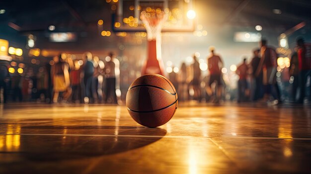 Nahaufnahme von Basketball auf glänzendem Hartholzplatz