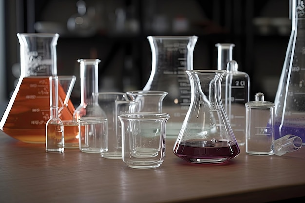 Nahaufnahme von Bechern und Flaschen auf einem wissenschaftlichen Labortisch, der mit generativer KI erstellt wurde