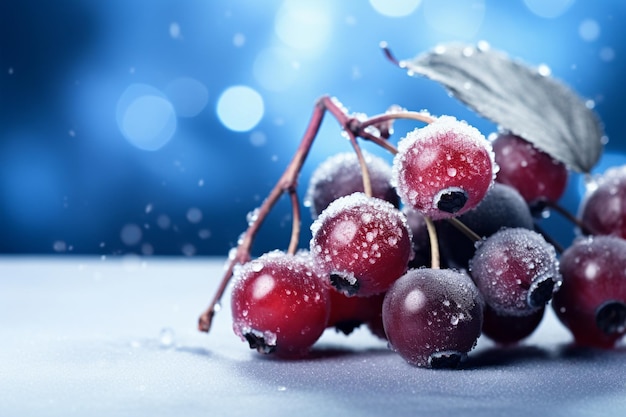 Nahaufnahme von Beeren, die auf einem winterlichen Hintergrund schweben