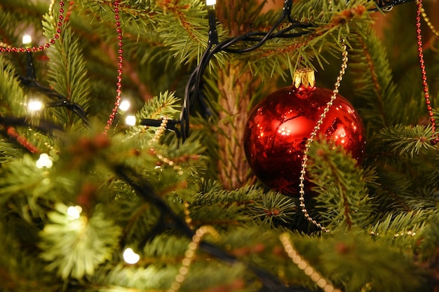 Nahaufnahme von beleuchteten Feenlichtern und Weihnachtsball auf dem Baum