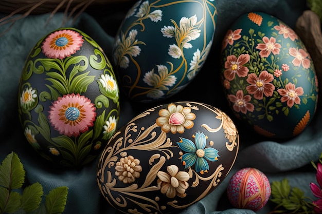 Nahaufnahme von bemalten Eiern mit floralen Mustern Ostereier für die Osterfeier Generatives AI-Frühlingskonzept Ostereier schillernde Farbe glänzend und perlig