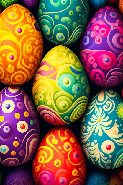 Nahaufnahme von bemalten Eiern mit floralen Mustern Ostereiern für die generative ai der Osterfeier