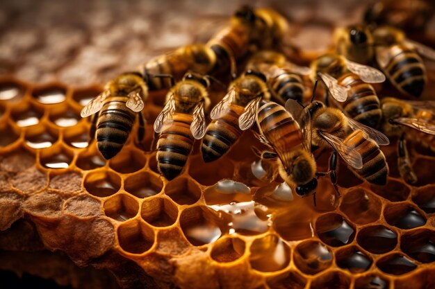 Nahaufnahme von Bienen auf Waben im Bienenhaus selektiver Fokuskopierraum Generative ai