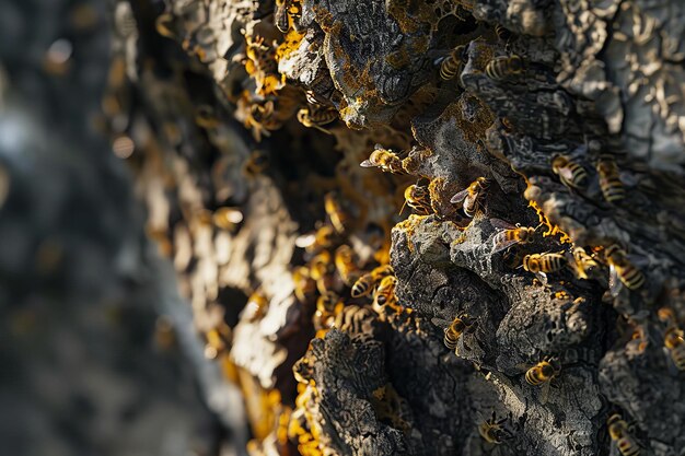 Nahaufnahme von Bienen in Honigstockungen Die Königin und die Arbeiter Bienen um ihre Bienenkolonie herum