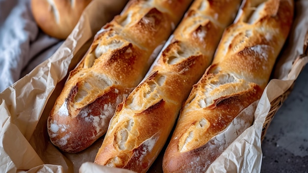 Nahaufnahme von Bio-Baguette in einer rustikalen Bäckerei Generative KI