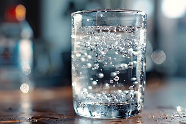 Nahaufnahme von Blasen in einem Glas kohlensäurehaltigem Wasser