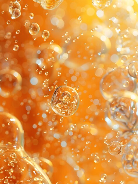 Nahaufnahme von Blasen in orangefarbener Flüssigkeit, der mit Pfirsich-Zutat infundiert ist