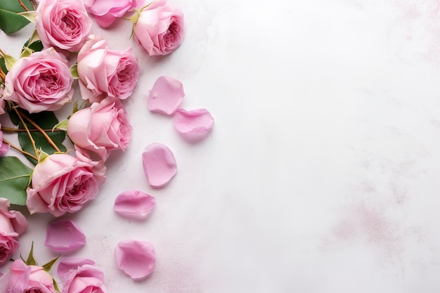Nahaufnahme von blühenden rosa Rosen, Blüten und Blütenblättern, die auf weißem Tischhintergrund isoliert sind, Blumenrahmenkomposition, dekoratives Webbanner, leerer Raum, flache Oberansicht, KI, Generativ