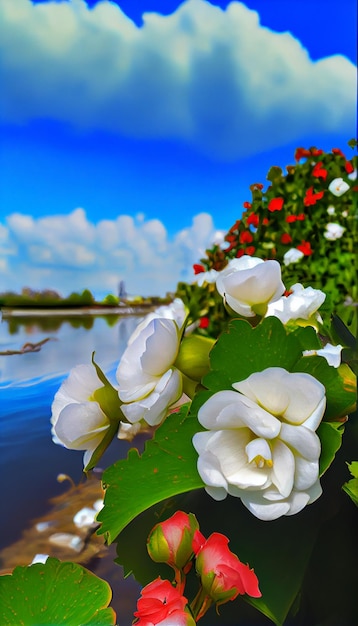 Nahaufnahme von Blumen in der Nähe eines Gewässers mit generativer KI