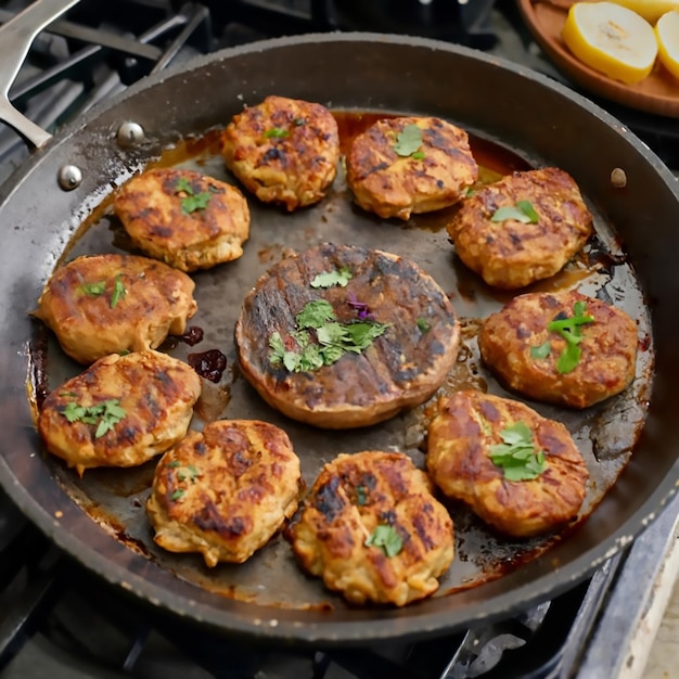 Foto nahaufnahme von braten von rindfleisch chapli kebab in einer großen pfanne in öl in der nacht