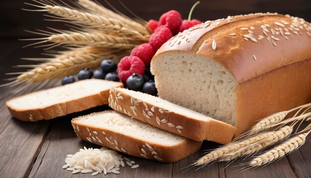 Nahaufnahme von Brot, Brot und Weizen, Ehren und Beeren, Reis auf hölzern Hintergrund