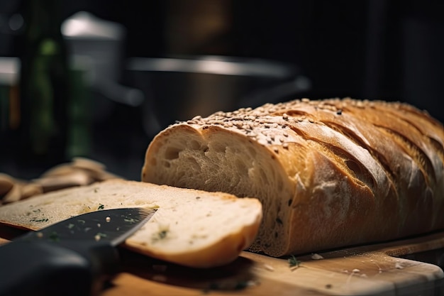 Nahaufnahme von Brot, das mit einem scharfen Messer in perfekte Scheiben geschnitten wird, die mit generativer KI erstellt wurden