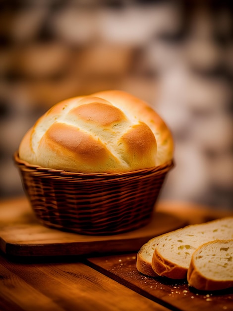 Nahaufnahme von Brot in einem geflochtenen Korb und geschnittenem Brot auf einem Tisch