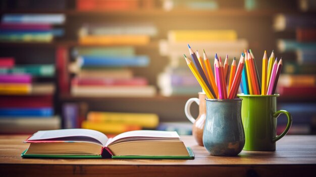 Nahaufnahme von Büchern und bunten Bleistiften auf einem modernen Schultisch mit verschwommenem Hintergrund