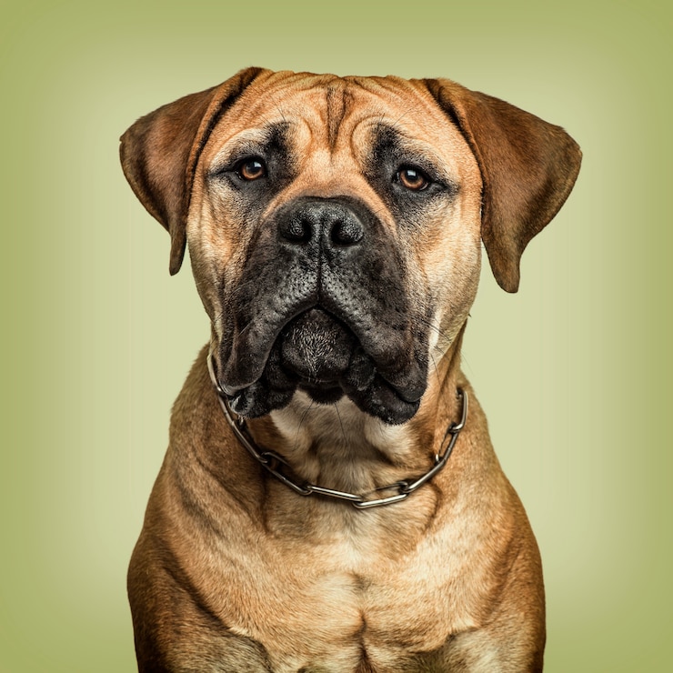 Foto nahaufnahme von bullmastiff mit blick auf die kamera vor grünem hintergrund