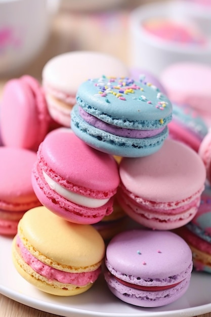 Nahaufnahme von bunten Macarons auf einem weißen Teller, erstellt mit generativer KI