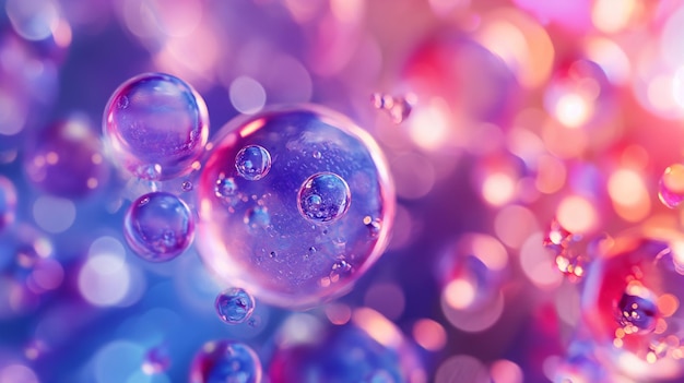 Nahaufnahme von bunten und dunkelblauen Blasen, die in einem Getränk mit Regenbogenmuster angeordnet sind
