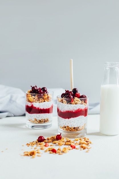 Nahaufnahme von Chia-Pudding mit Joghurt-Granola-Johannisbeere auf dem Hintergrund einer Flasche Milch auf grauem Hintergrund