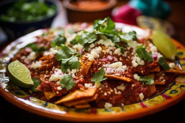 Nahaufnahme von Chilaquiles, die mit Rot bedeckt sind