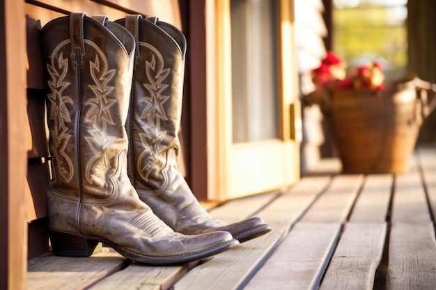 Foto nahaufnahme von cowboy-stiefeln auf der veranda eines salons