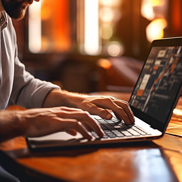 Nahaufnahme von den Händen eines digitalen Nomaden, der auf einem schlanken und modernen Laptop in einem lebendigen Coworking tastet