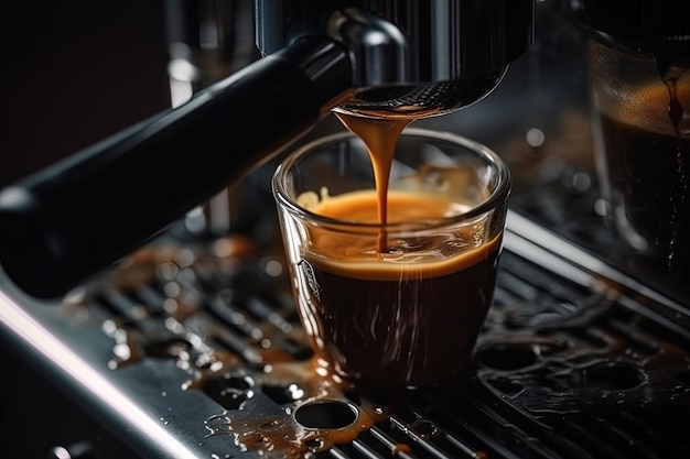 Foto nahaufnahme von der unterseite der professionellen kaffeemaschine, die frischen espressokaffee zubereitet, illustration generative ai