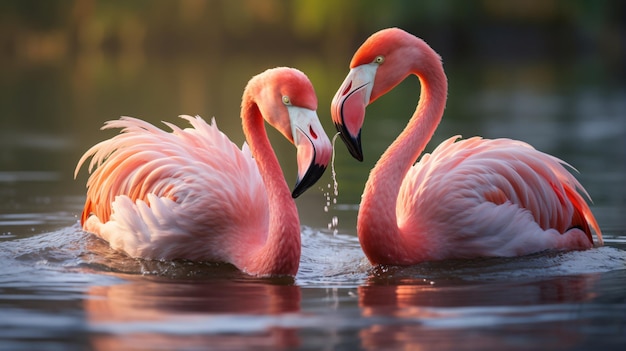 Nahaufnahme von drei rosa Flamingos, die sich in einem See ernähren