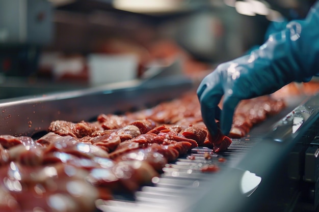 Foto nahaufnahme von einem arbeiter der fleischindustrie, der verpacktes fleisch auf einem förderband sammelt