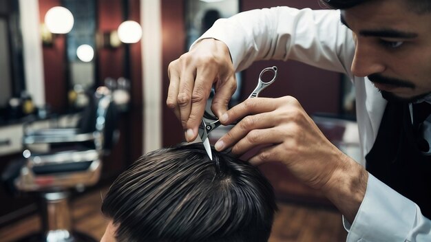 Nahaufnahme von einem Friseur, der eine Schere hält