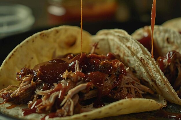 Foto nahaufnahme von einem gezogenen schweinefleisch-taco mit barbecue-sauce-driz