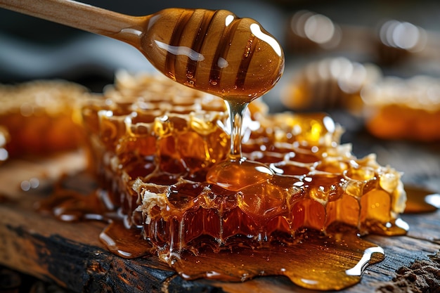 Nahaufnahme von einem hölzernen Honiglöffel mit Honig, der auf Honigstockungen auf hölzern Hintergrund fließt