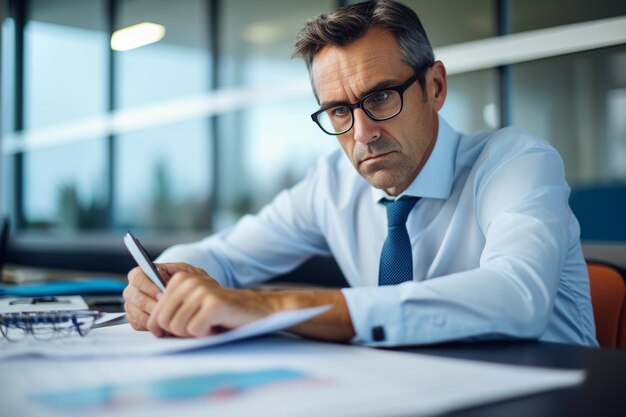 Foto nahaufnahme von einem professionellen, ernsthaften buchhalter, der in einem leichten büro sitzt