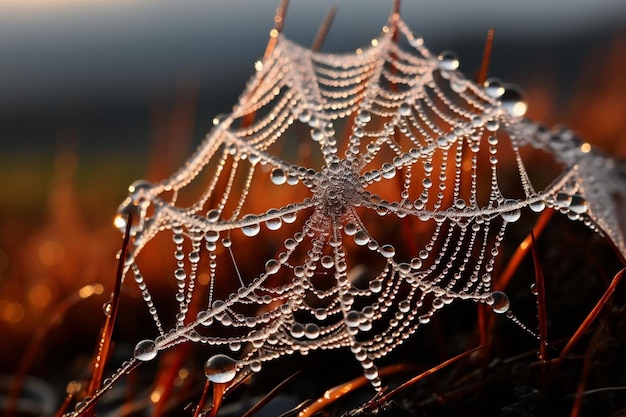 Nahaufnahme von einem Spinnennetz, das am Morgen bedeckt ist. 212jpg