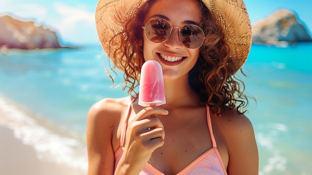 Nahaufnahme von einer Frau mit Sonnenbrille, die ein Popsicle isst und in den Sommerferien auf einem Strand in die Kamera schaut
