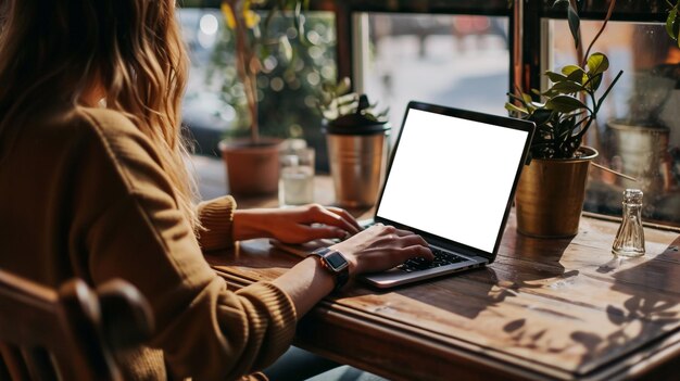 Nahaufnahme von einer jungen Geschäftsfrau, die an einem generischen Laptop am Schreibtisch mit Mobiltelefon und Smartphone arbeitet