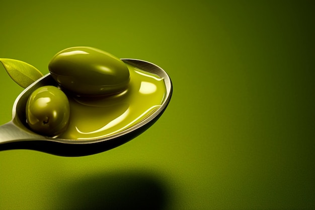 Nahaufnahme von einer mit Öl nassen Olive auf einem Löffel Ein zartes Löffel mit einer Olive