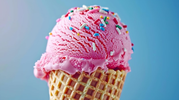 Nahaufnahme von Eiscreme-Kegel Pink Eiscreme in Waffelkegel über blauem Hintergrund Stroh Generative KI